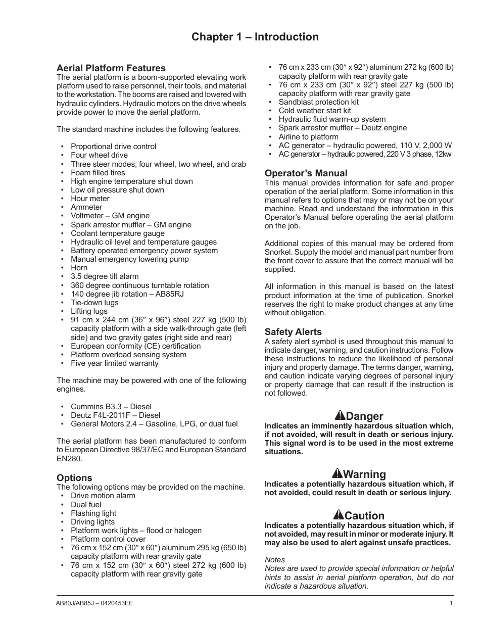 Chapter 1 – introduction, Danger, Warning | Caution | Snorkel AB85RJ CE User Manual | Page 5 / 74