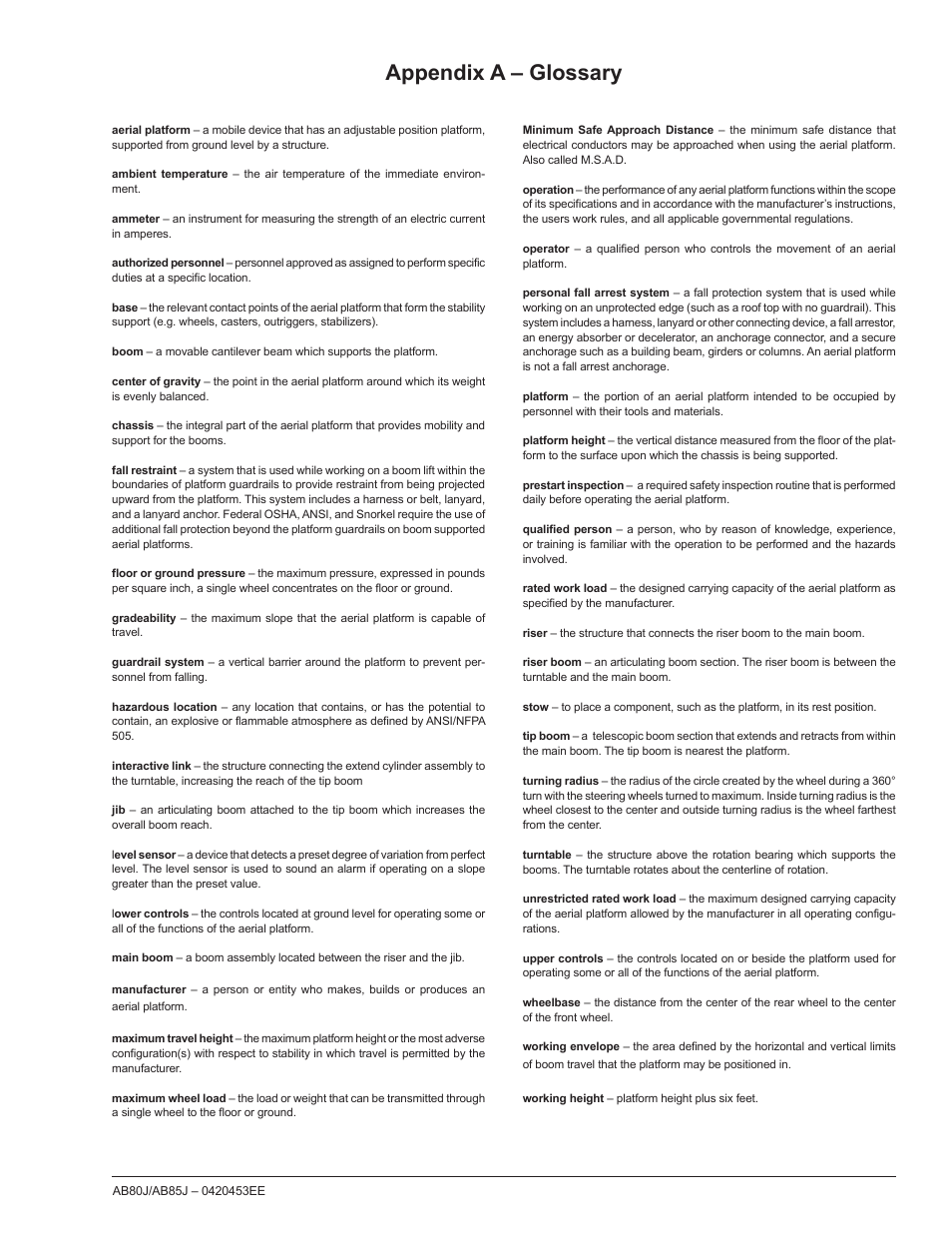 Appendix a – glossary | Snorkel AB85RJ CE User Manual | Page 71 / 74