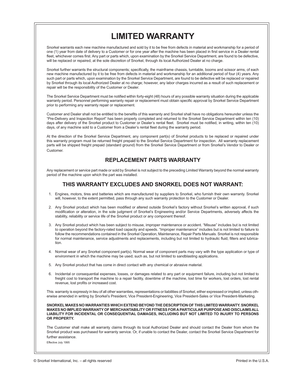 Limited warranty, Replacement parts warranty | Snorkel AB85RJ CE User Manual | Page 73 / 74