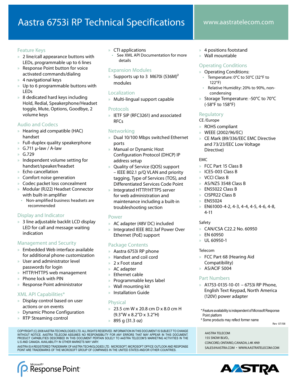 Aastra 6753i rp technical specifications | Aastra Telecom AastraLink RP 6753i RP User Manual | Page 2 / 2