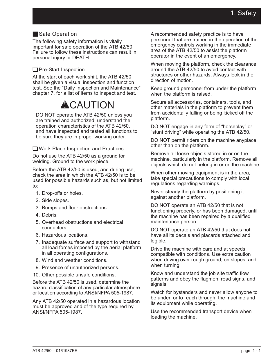 Safety, Safe operation 1-1, Pre-start inspection 1-1 | Work place inspection and practices 1-1, Pre-start inspection, 1-1, Safe operation, 1-1, Work place inspection and practices, 1-1, Safe operation -1, Acaution | Snorkel ATB50 CE User Manual | Page 11 / 88