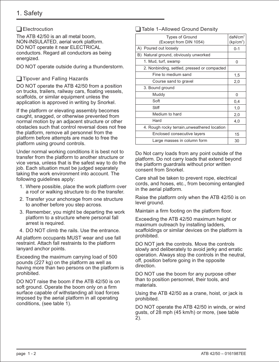 Electrocution 1-2, Tipover and falling hazards 1-2, Table 1œallowed ground density 1-2 | Allowed ground density, 1-2, Electrocution, 1-2, 8-1, Falling hazards, 1-2, Tipover hazard, 1-2, Safety | Snorkel ATB50 CE User Manual | Page 12 / 88
