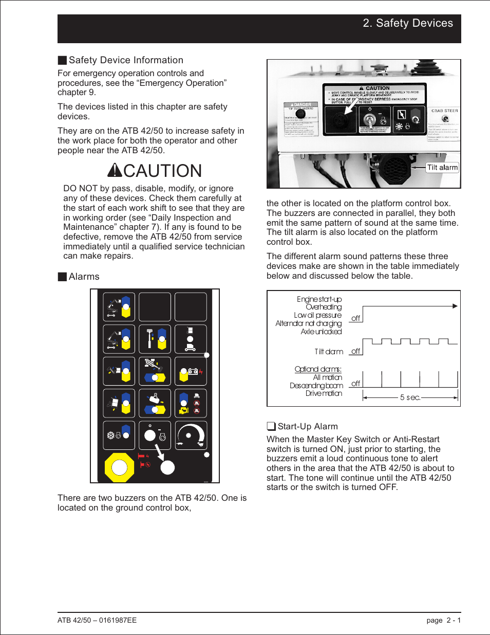 Safety devices, Safety device information 2-1, Alarms 2-1 | Start-up alarm 2-1, Buzzers, 2-1, Alarms, 2-1, Safety device information, 2-1, Start up alarm, 2-1, Safety device information -1 alarms -1, Start-up alarm -1 | Snorkel ATB50 CE User Manual | Page 19 / 88