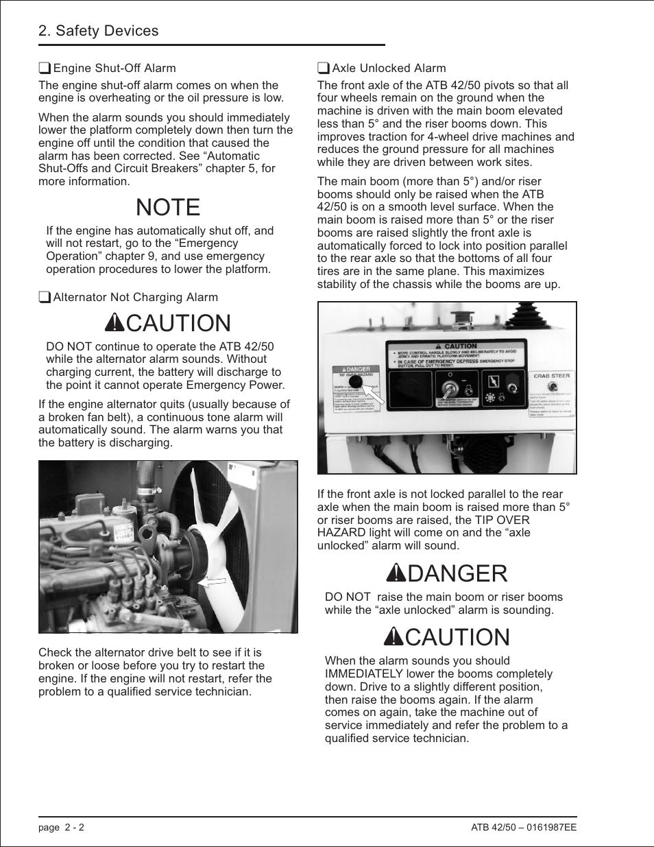 Engine shut-off alarm 2-2, Alternator not charging alarm 2-2, Axle unlocked alarm 2-2 | Alternator not charging, 2-2, Alternator, 2-2, Engine shut-off alarm, 2-2, Acaution, Adanger | Snorkel ATB50 CE User Manual | Page 20 / 88