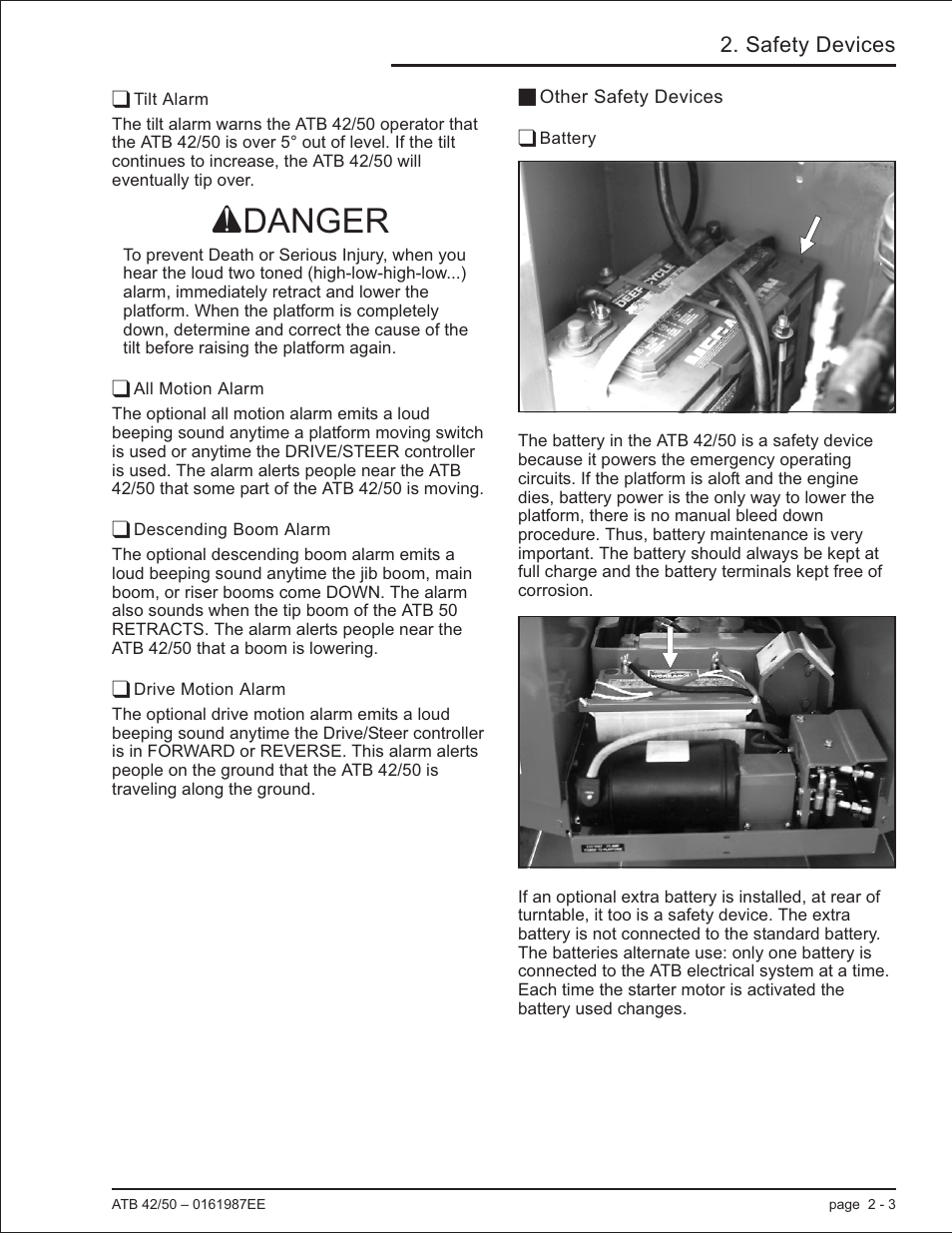 Tilt alarm 2-3, All motion alarm 2-3, Descending boom alarm 2-3 | Drive motion alarm 2-3, Other safety devices 2-3, Battery 2-3, All motion, 2-3, Descending boom, 2-3, Battery, 2-3, Tilt alarm , 2-3 | Snorkel ATB50 CE User Manual | Page 21 / 88