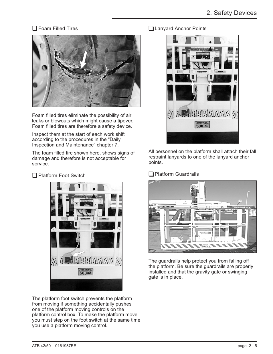 Foam filled tires 2-5, Platform foot switch 2-5, Lanyard anchor points 2-5 | Platform guardrails 2-5, Foam filled tires, 2-5, Lanyard anchor points, 2-5, Platform foot switch, 2-5, Platform guardrails, 2-5, Safety devices | Snorkel ATB50 CE User Manual | Page 23 / 88