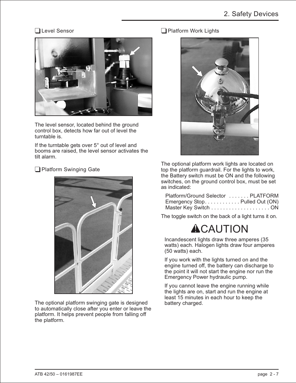 Level sensor 2-7, Platform swinging gate 2-7, Platform work lights 2-7 | Incandescent lights, 2-7, Level sensor, 2-7, Platform swinging gate, 2-7, Platform work lights, 2-7, Acaution | Snorkel ATB50 CE User Manual | Page 25 / 88