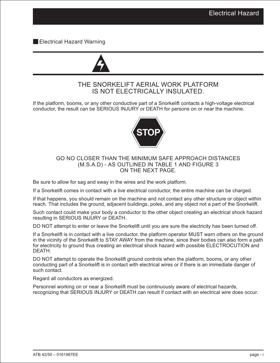 Electrical hazard, Electrical hazard warning i | Snorkel ATB50 CE User Manual | Page 3 / 88