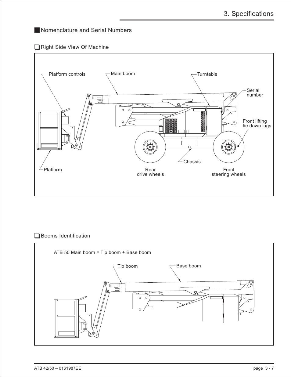 Nomenclature and serial numbers 3-7, Right side view of machine 3-7, Booms identification 3-7 | Nomenclature and serial numbers, 3-7, Serial numbers, 3-7, Nomenclature and serial numbers -7, Specifications | Snorkel ATB50 CE User Manual | Page 33 / 88