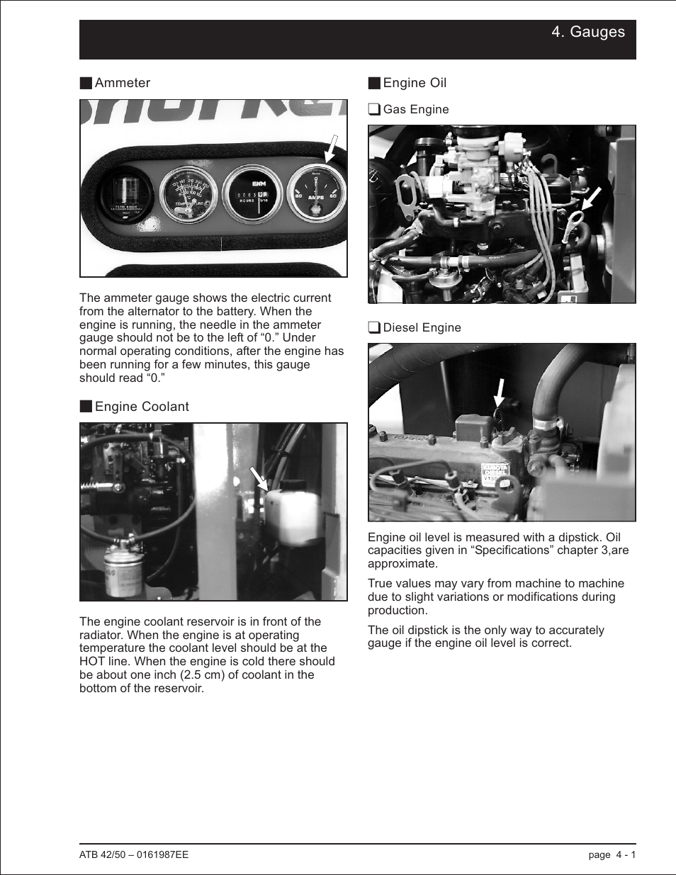 Gauges, Ammeter 4-1, Engine coolant 4-1 | Engine oil 4-1, Gas engine 4-1, Diesel engine 4-1, Ammeter, 4-1, Coolant reservoir, 4-1, Engine coolant, 4-1, Engine oil, 4-1 | Snorkel ATB50 CE User Manual | Page 35 / 88