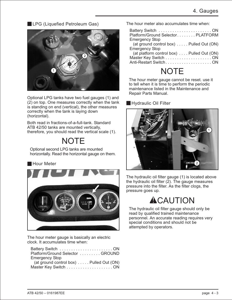 Lpg (liquefied petroleum gas) 4-3, Hour meter 4-3, Hydraulic oil filter 4-3 | Hour meter, 4-3, Hydraulic oil filter, 4-3, Lpg, 4-3, Acaution | Snorkel ATB50 CE User Manual | Page 37 / 88