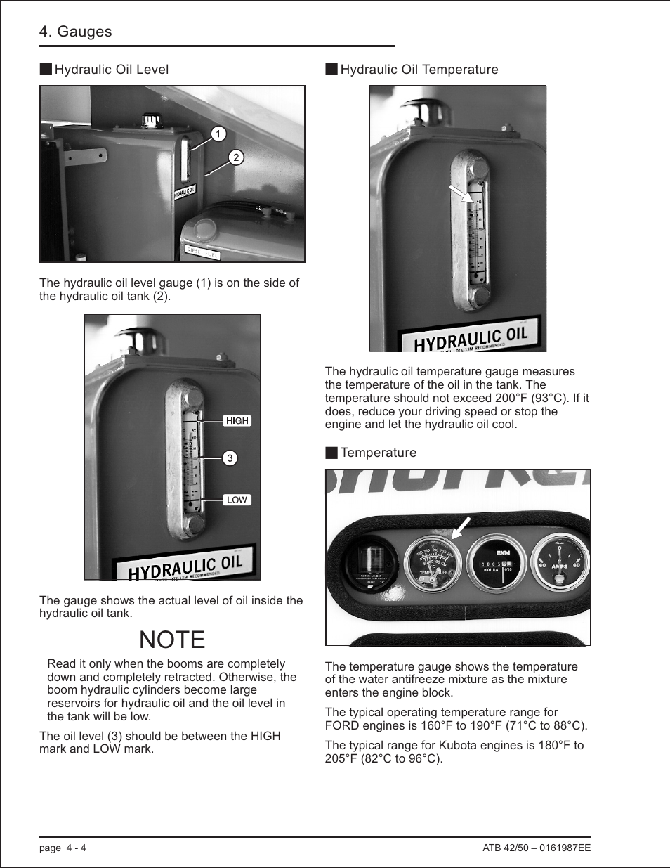 Hydraulic oil level 4-4, Hydraulic oil temperature 4-4, Temperature 4-4 | Operating temperature range, 4-4, Hydraulic oil level, 4-4, Hydraulic oil temperature, 4-4, Temperature, 4-4, Tank, 4-4, Temperature gauge, 4-4 | Snorkel ATB50 CE User Manual | Page 38 / 88