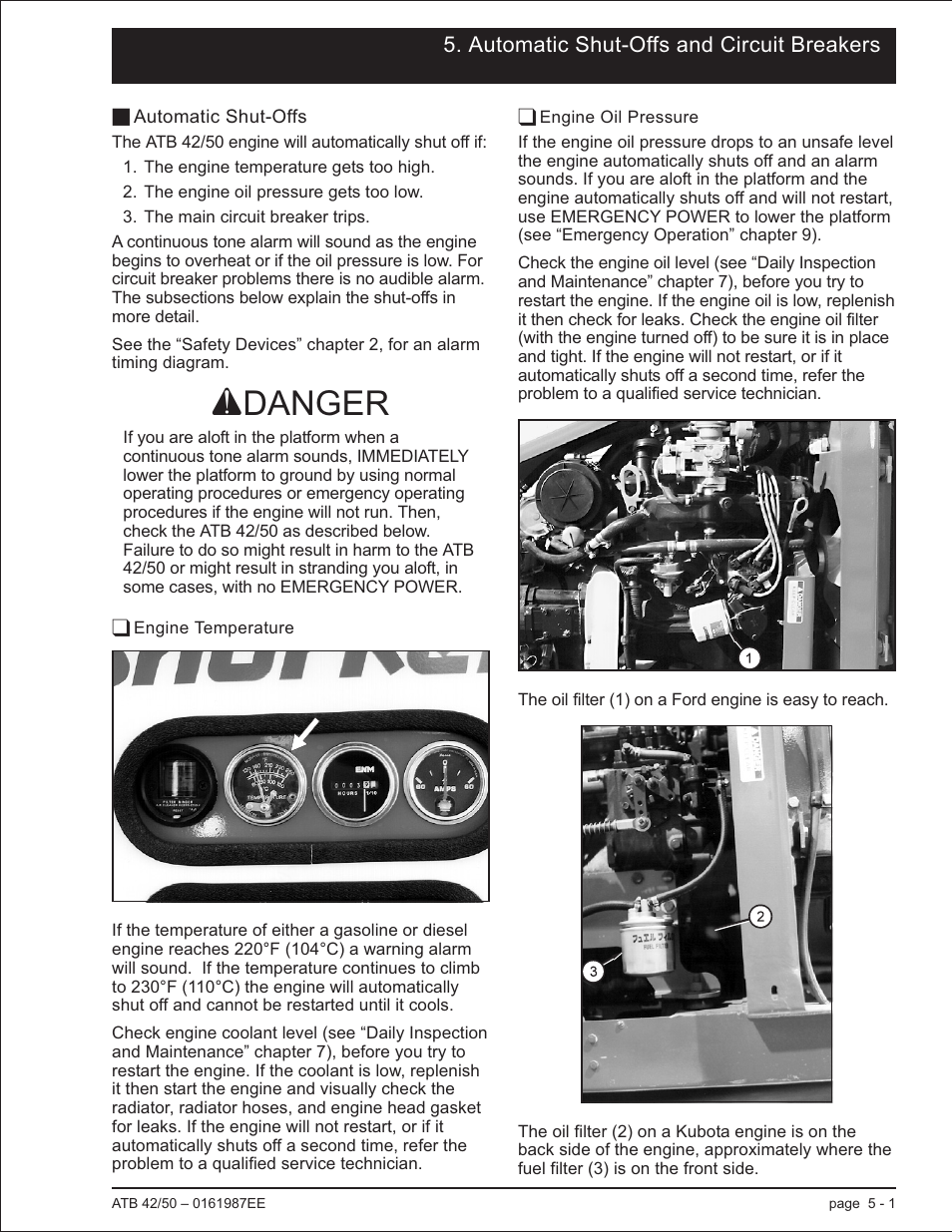 Automatic shut-offs and circuit breakers, Automatic shut-offs 5-1, Engine temperature 5-1 | Engine oil pressure 5-1, Engine oil pressure, 5-1, Engine temperature, 5-1, Coolant level, 5-1, 7-3, Oil pressure, 5-1, Automatic shut-offs -1, Engine temperature -1 engine oil pressure -1 | Snorkel ATB50 CE User Manual | Page 39 / 88