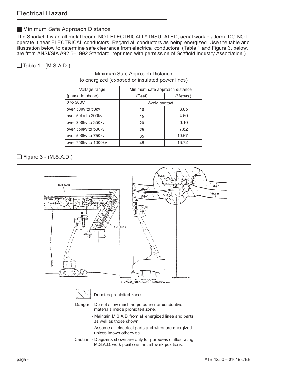 Minimum safe approach distance ii, Table 1 - (m.s.a.d.) ii, Figure 3 - (m.s.a.d.) ii | Electrical hazard | Snorkel ATB50 CE User Manual | Page 4 / 88