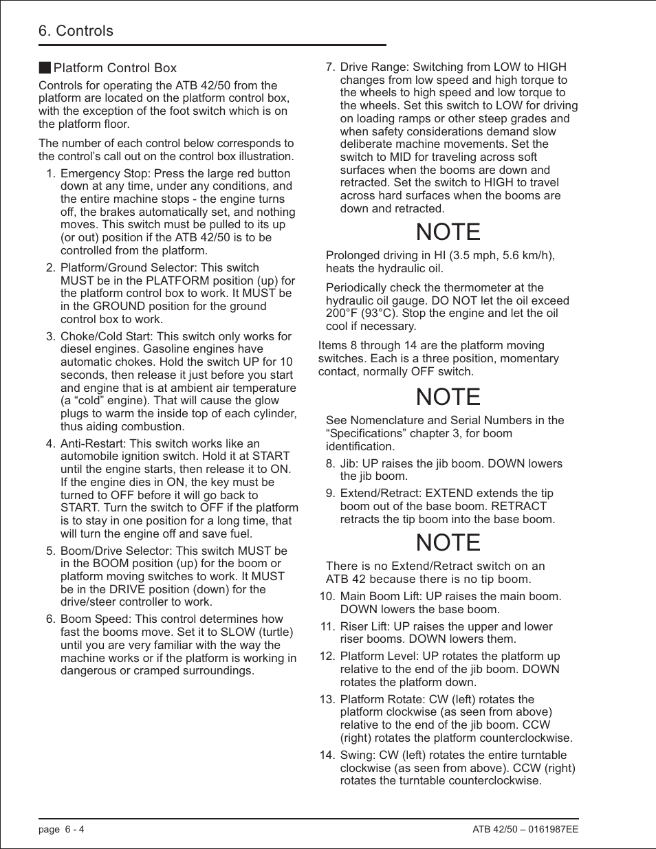 Platform control box 6-4, Anti-restart, 6-4, 8-5, 9-1, Drive range, 6-4, 8-5 | Control switches, 6-4, Platform control box -4 | Snorkel ATB50 CE User Manual | Page 44 / 88