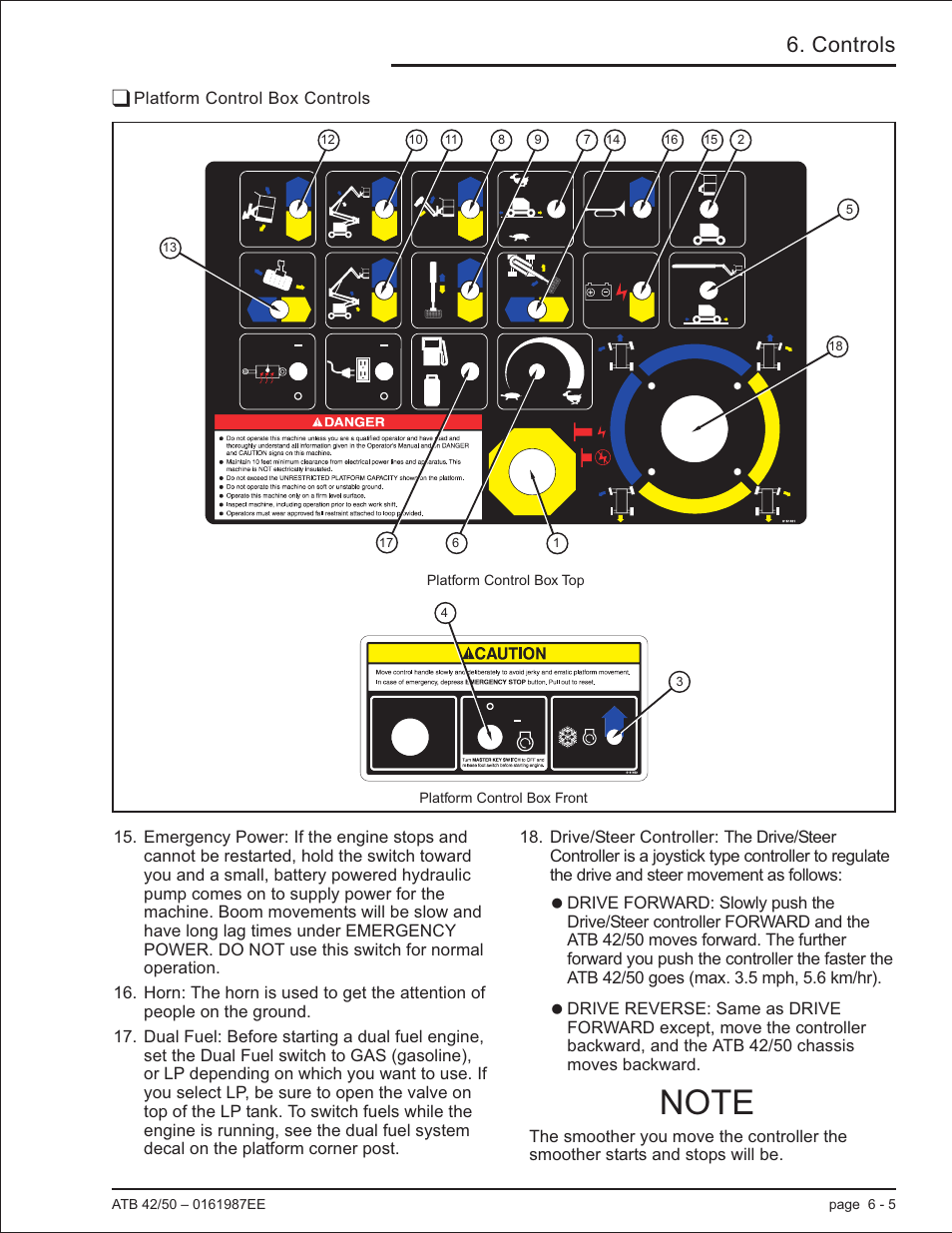 Platform control box controls 6-5, Drive/steer controller, 6-5, Dual fuel, 6-5, 8-3, 8-5 | Horn, 6-5, Platform control box controls -5, Controls | Snorkel ATB50 CE User Manual | Page 45 / 88