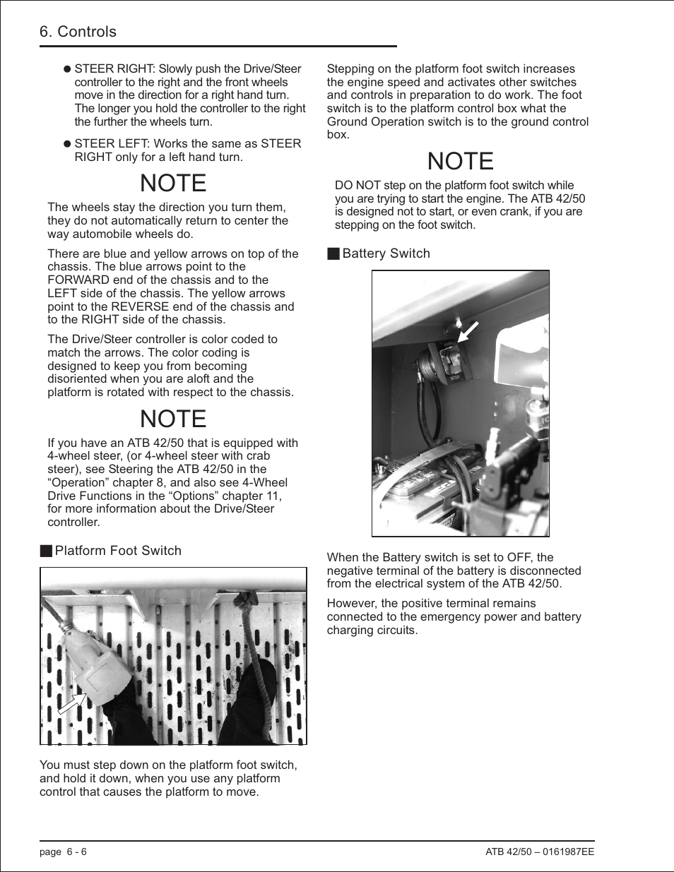 Platform foot switch 6-6, Battery switch 6-6, Battery switch, 6-6, 8-2, 8-4, 9-1 | Drive/steer controller, 6-6, 8-6, 8-7, Platform foot switch, 6-6, Platform foot switch -6 battery switch -6 | Snorkel ATB50 CE User Manual | Page 46 / 88
