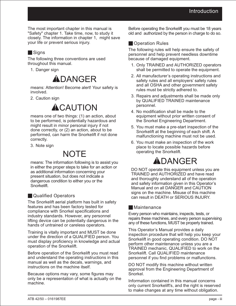 Introduction, Signs iii, Qualified operators iii | Operation rules iii, Maintenance iii, Adanger, Acaution | Snorkel ATB50 CE User Manual | Page 5 / 88