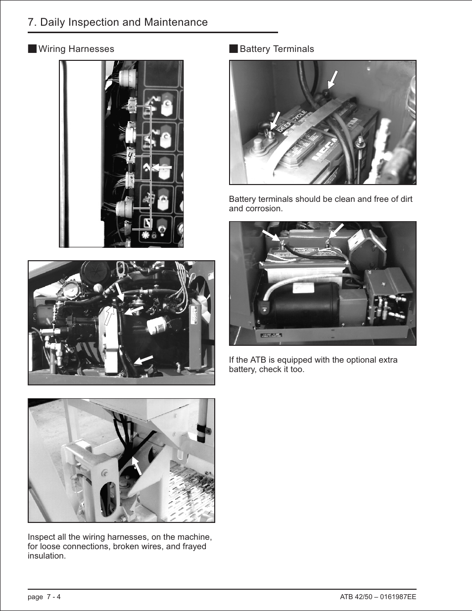 Wiring harnesses 7-4, Battery terminals 7-4, Battery terminals, 7-4 | Wiring harnesses, 7-4, Loose connections, 7-4, Wiring harnesses -4 battery terminals -4, Daily inspection and maintenance | Snorkel ATB50 CE User Manual | Page 50 / 88