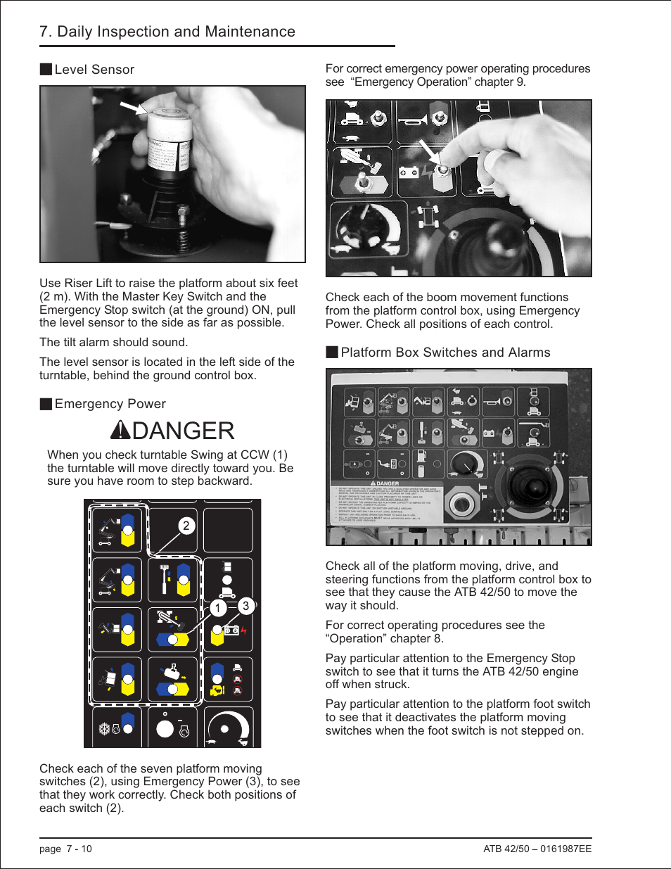 Level sensor 7-10, Emergency power 7-10, Platform box switches and alarms 7-10 | Emergency power, 7-10, Level sensor, 7-10, Adanger | Snorkel ATB50 CE User Manual | Page 56 / 88