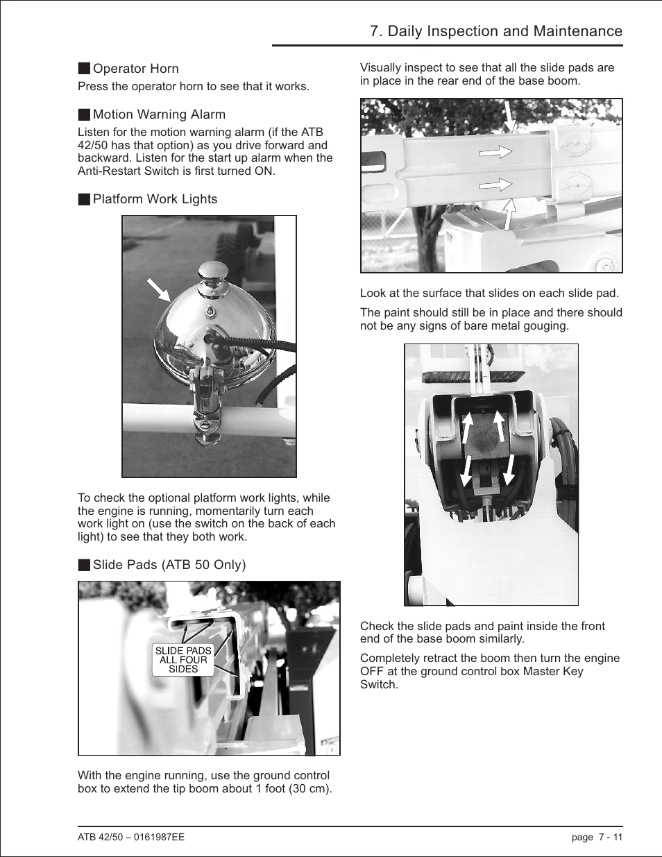 Operator horn 7-11, Motion warning alarm 7-11, Platform work lights 7-11 | Slide pads (atb 50 only) 7-11, Motion warning, 7-11, Platform work lights, 7-11, Motion warning alarm, 7-11, Operator horn, 7-11, Work lights, 7-11, Slide pads, 7-11 | Snorkel ATB50 CE User Manual | Page 57 / 88