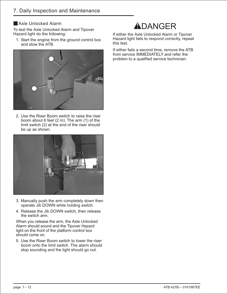 Axle unlocked alarm 7-12, Axle unlocked, 7-12, Tipover hazard light, 7-12 | Axle unlocked alarm -12, Adanger | Snorkel ATB50 CE User Manual | Page 58 / 88