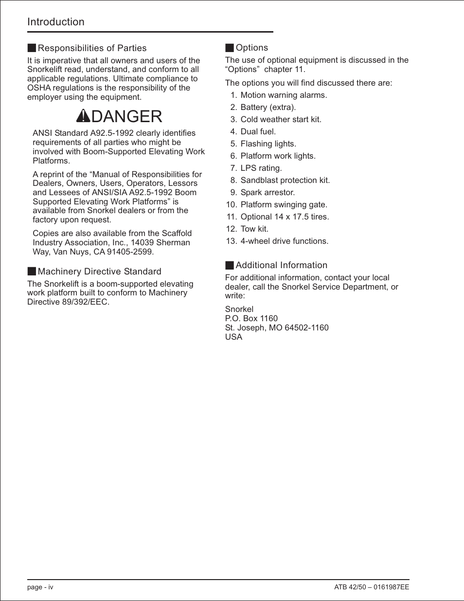 Responsibilities of parties iv, Machinery directive standard iv, Options iv | Additional information iv, Adanger | Snorkel ATB50 CE User Manual | Page 6 / 88