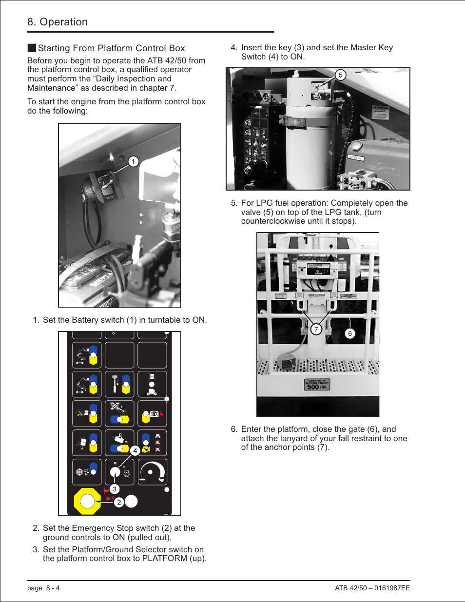 Starting from platform control box 8-4, Lpg fuel operation, 8-4, Starting from platform control box, 8-4 | Starting from platform control box -4, Operation | Snorkel ATB50 CE User Manual | Page 66 / 88