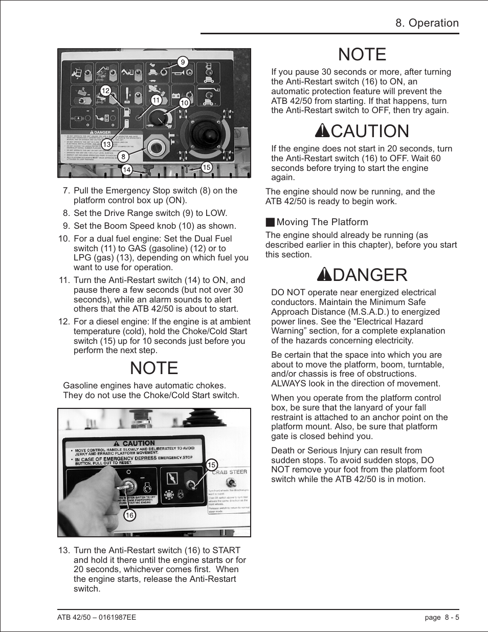 Moving the platform 8-5, Moving the platform, 8-5, Moving the platform -5 | Acaution, Adanger | Snorkel ATB50 CE User Manual | Page 67 / 88