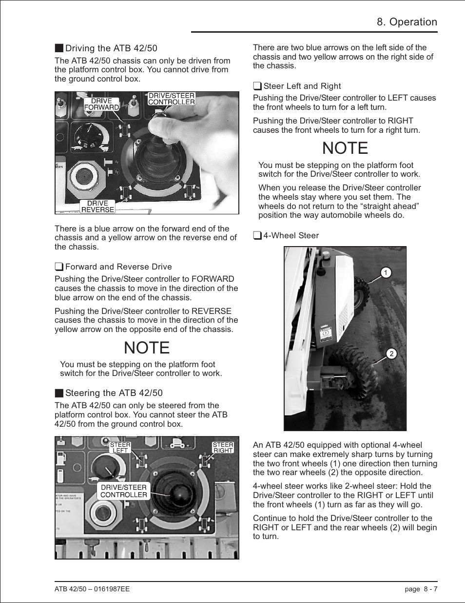 Driving the atb 42/50 8-7, Forward and reverse drive 8-7, Steering the atb 42/50 8-7 | Steer left and right 8-7, Wheel steer 8-7, Wheel steer, 8-7, Blue and yellow, 8-7, Driving the atb 42/50, 8-7, Forward and reverse drive, 8-7, Forward, 8-7 | Snorkel ATB50 CE User Manual | Page 69 / 88