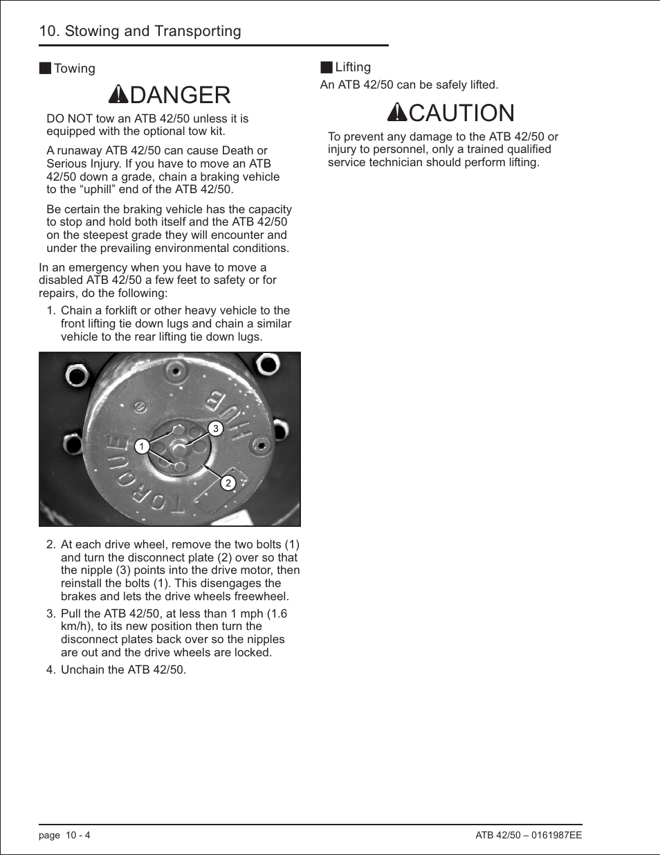Towing 10-4, Lifting 10-4, Drive wheel, 10-4 | Lifting the atb, 10-4, Towing, 10-4, Towing -4 lifting -4, Adanger, Acaution | Snorkel ATB50 CE User Manual | Page 76 / 88
