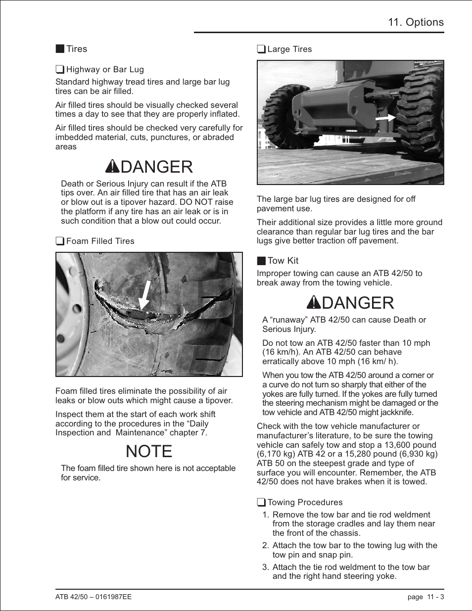 Tires 11-3, Highway or bar lug 11-3, Foam filled tires 11-3 | Large tires 11-3, Tow kit 11-3, Towing procedures 11-3, Highway or bar lug, 11-3, Large tires, 11-3, Tow kit, 11-3, Towing procedures, 11-3 | Snorkel ATB50 CE User Manual | Page 79 / 88