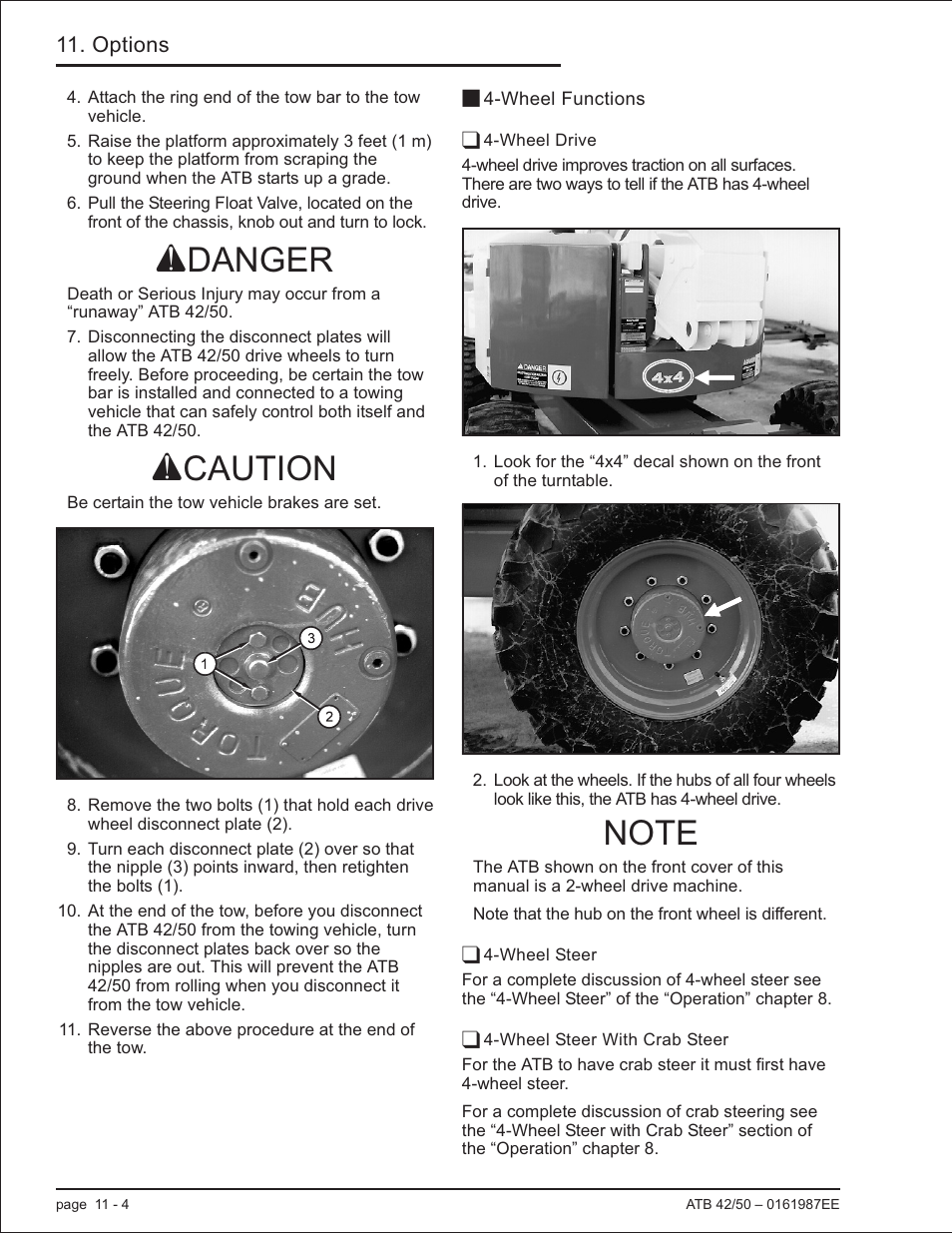 Wheel functions 11-4, Wheel drive 11-4, Wheel steer 11-4 | Wheel steer with crab steer 11-4, Wheel drive, 11-4, Wheel steer, 11-4, Wheel functions -4, Adanger, Acaution | Snorkel ATB50 CE User Manual | Page 80 / 88