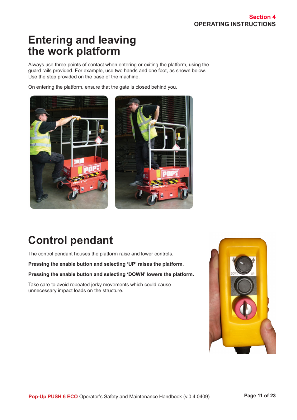 Entering and leaving the work platform, Control pendant | Snorkel ECO 6-sn4223+ User Manual | Page 12 / 26