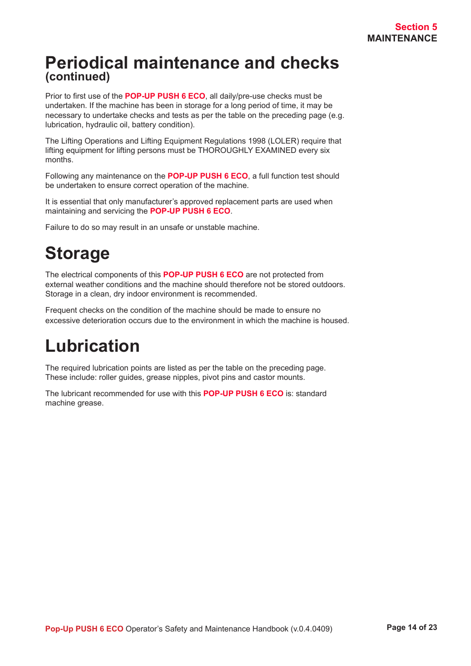 Periodical maintenance and checks, Storage, Lubrication | Continued) | Snorkel ECO 6-sn4223+ User Manual | Page 15 / 26