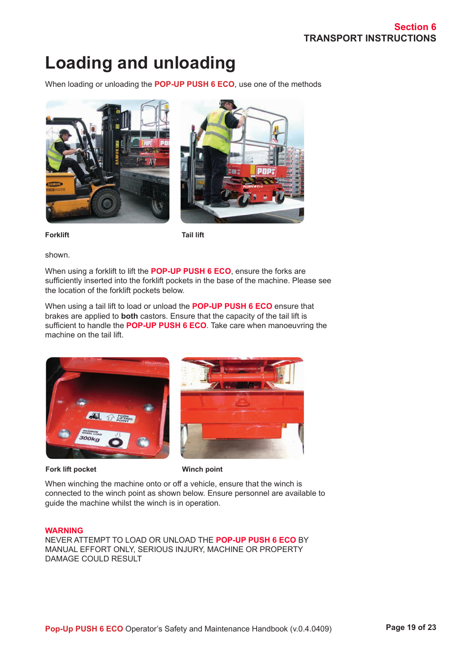 Loading and unloading | Snorkel ECO 6-sn4223+ User Manual | Page 20 / 26