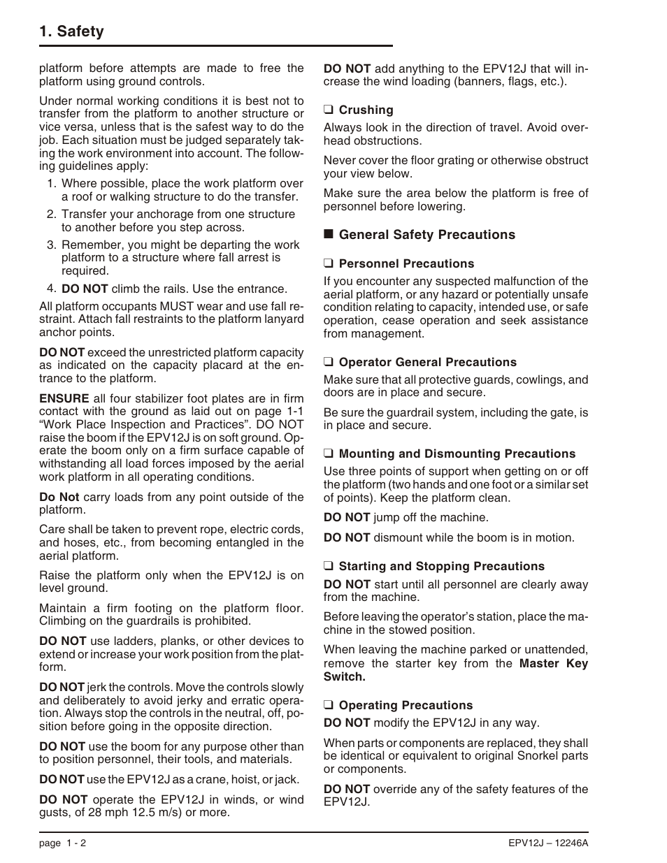 Crushing 1-2, General safety precautions 1-2, Personnel precautions 1-2 | Operator general precautions 1-2, Mounting and dismounting precautions 1-2, Starting and stopping precautions 1-2, Operating precautions 1-2, Crushing hazard, 1-2, Mounting and dismounting precautions, 1-2, Operating precautions, 1-2 | Snorkel EPV12J User Manual | Page 10 / 65