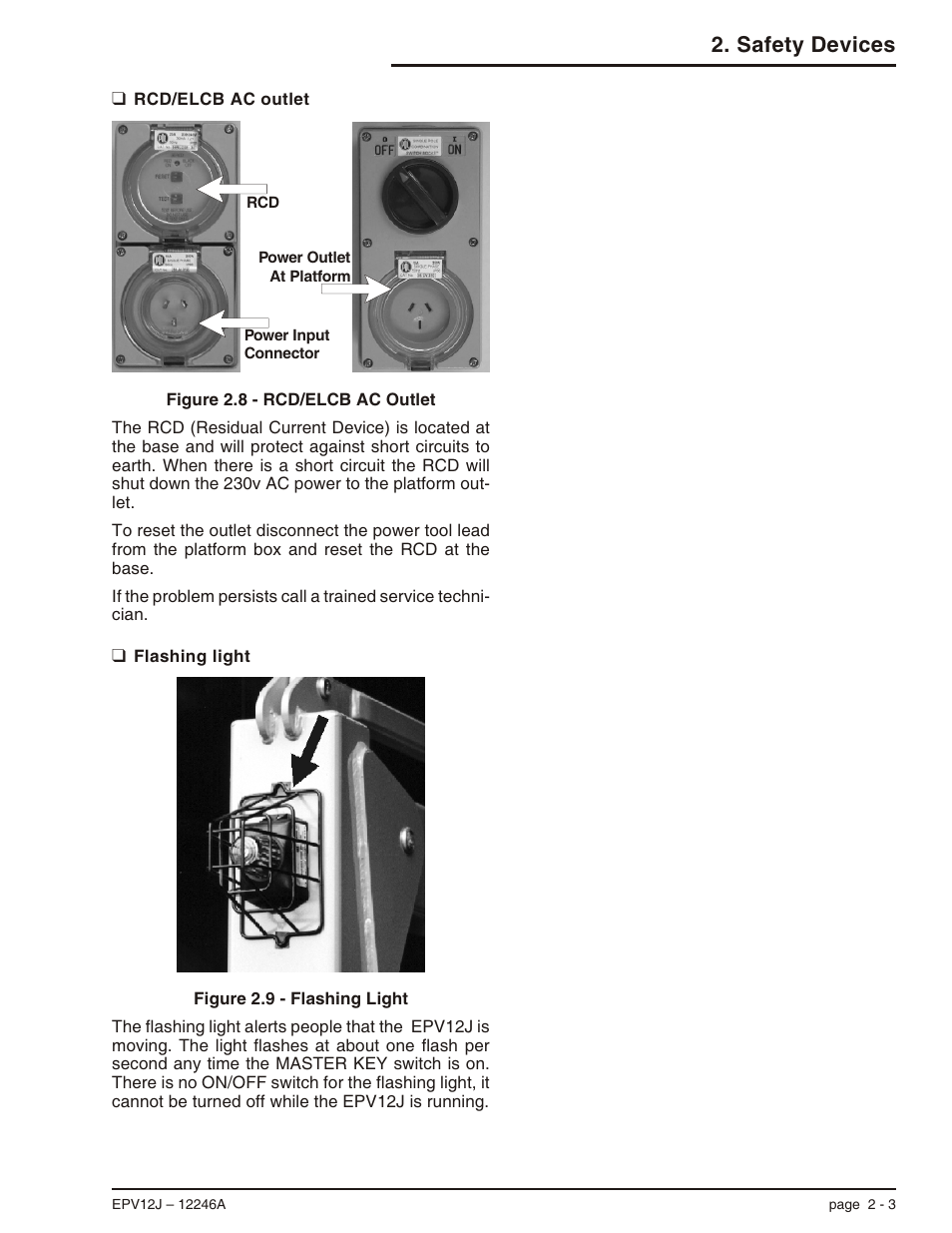 Rcd/elcb ac outlet 2-3, Flashing light 2-3, Flashing light, 2-3 | Rcd/elcb ac outlet, 2-3, Rcd/elcb ac outlet -3 flashing light -3, Safety devices | Snorkel EPV12J User Manual | Page 19 / 65