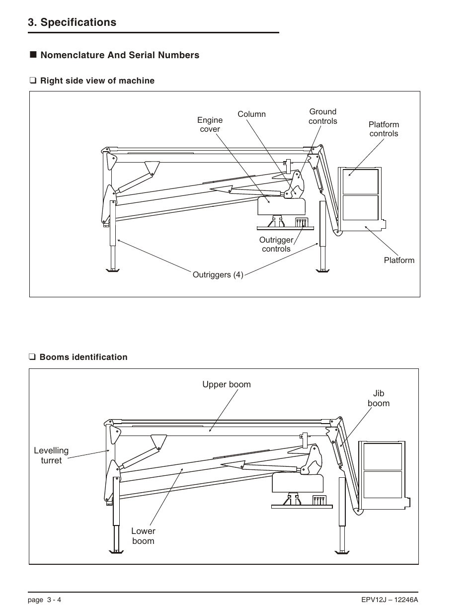 Booms identification 3-4, Nomenclature and serial numbers 3-4, Right side view of machine 3-4 | Booms identification, 3-4, Nomenclature and serial numbers, 3-4, Right side view of machine, 3-4, Booms identification -4, Nomenclature and serial numbers -4, Right side view of machine -4, Specifications | Snorkel EPV12J User Manual | Page 24 / 65