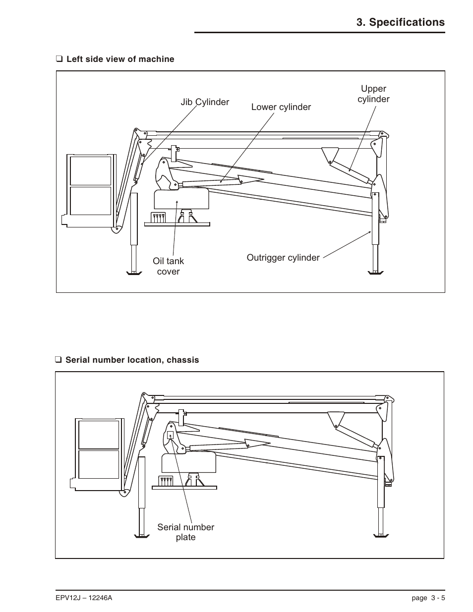 Left side view of machine 3-5, Serial number location, chassis 3-5, Left side view of machine, 3-5 | Serial number location, chassis, 3-5 | Snorkel EPV12J User Manual | Page 25 / 65