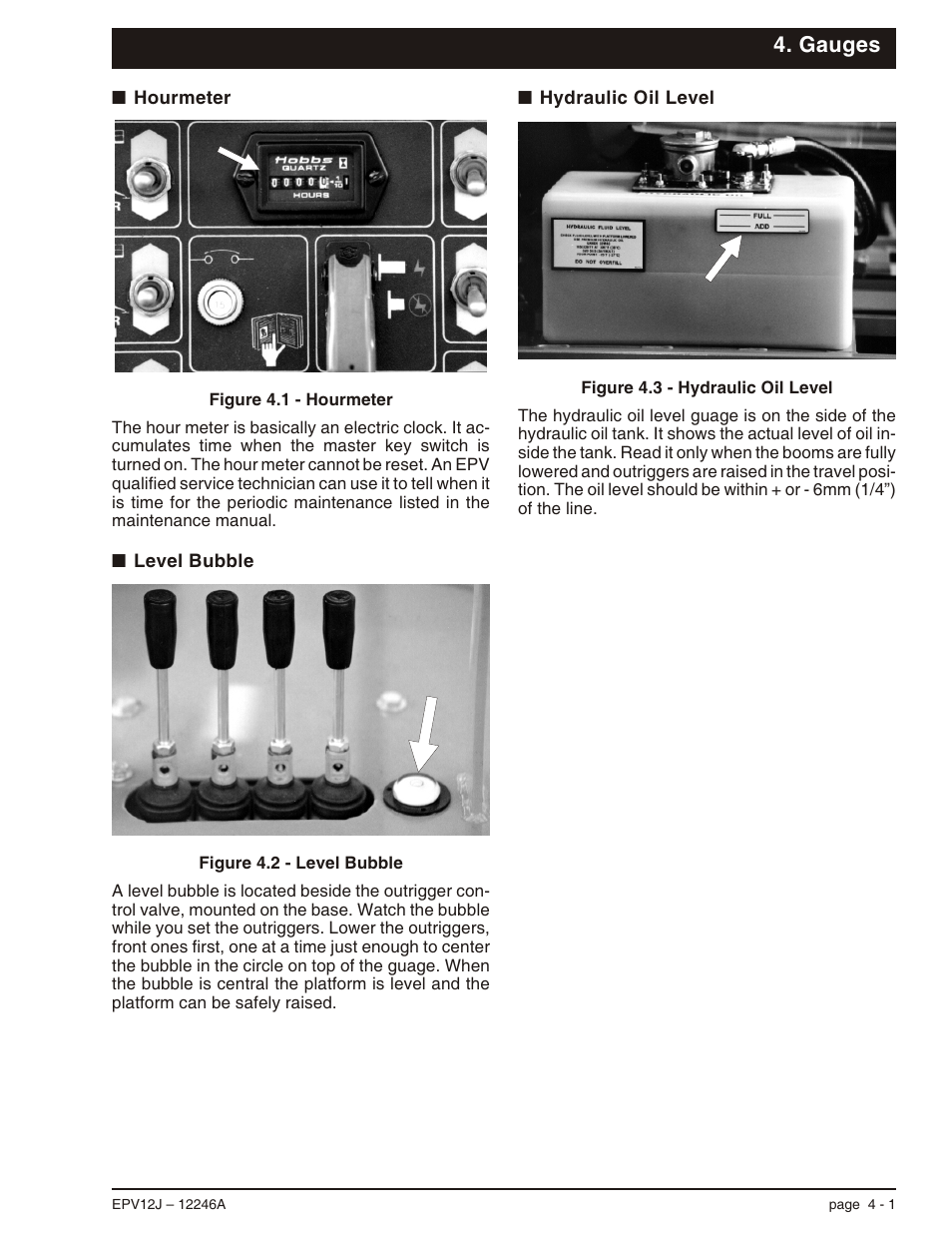 Gauges, Hourmeter 4-1, Level bubble 4-1 | Hydraulic oil level 4-1, Hourmeter, 4-1, Hydraulic oil level, 4-1, Level bubble, 4-1 | Snorkel EPV12J User Manual | Page 27 / 65