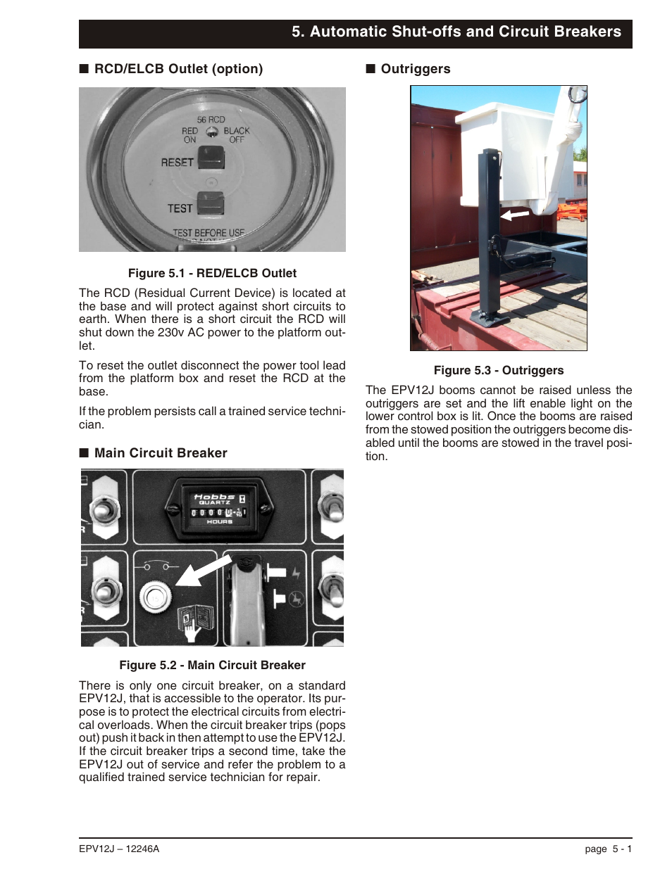Automatic shut-offs and circuit breakers, Rcd/elcb outlet (option) 5-1, Main circuit breaker 5-1 | Outriggers 5-1, Main circuit breaker, 5-1, Outriggers, 5-1, Rcd/elcb outlet (option), 5-1 | Snorkel EPV12J User Manual | Page 29 / 65