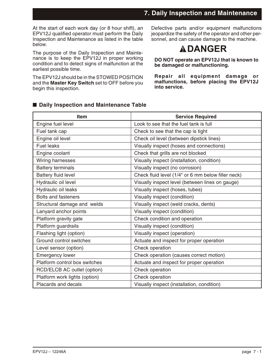 Daily inspection and maintenance, Daily inspection and maintenance table 7-1, Daily inspection and maintenance table, 7-1 | Operators daily inspection, 7-1, Inspection and maintenance table, 7-1, Qualified, 7-1, 8-2, Daily inspection and maintenance table -1, Danger | Snorkel EPV12J User Manual | Page 37 / 65