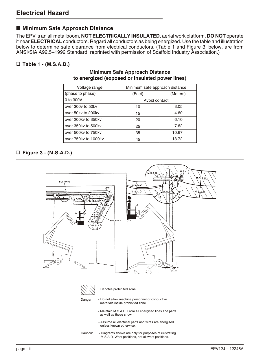 Minimum safe approach distance ii, Table 1 - (m.s.a.d.) ii, Figure 3 - (m.s.a.d.) ii | Electrical hazard, Minimum safe approach distance | Snorkel EPV12J User Manual | Page 4 / 65
