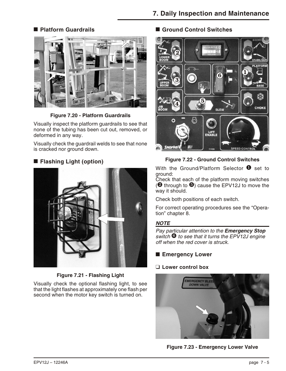 Platform guardrails 7-5, Flashing light (option) 7-5, Ground control switches 7-5 | Emergency lower 7-5, Lower control box 7-5, Emergency lower, 7-5, Flashing light, 7-5, Light flashing, 7-5, Lower control box, 7-5, Lower control box -5 | Snorkel EPV12J User Manual | Page 41 / 65