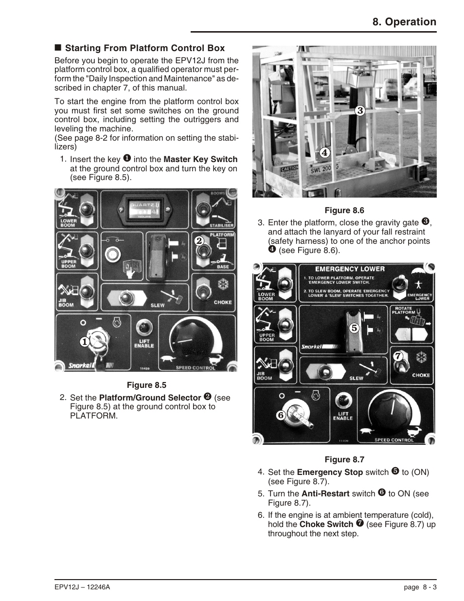 Starting from platform control box 8-3, Starting from platform control box, 8-3, Starting from platform control box -3 | Operation | Snorkel EPV12J User Manual | Page 47 / 65