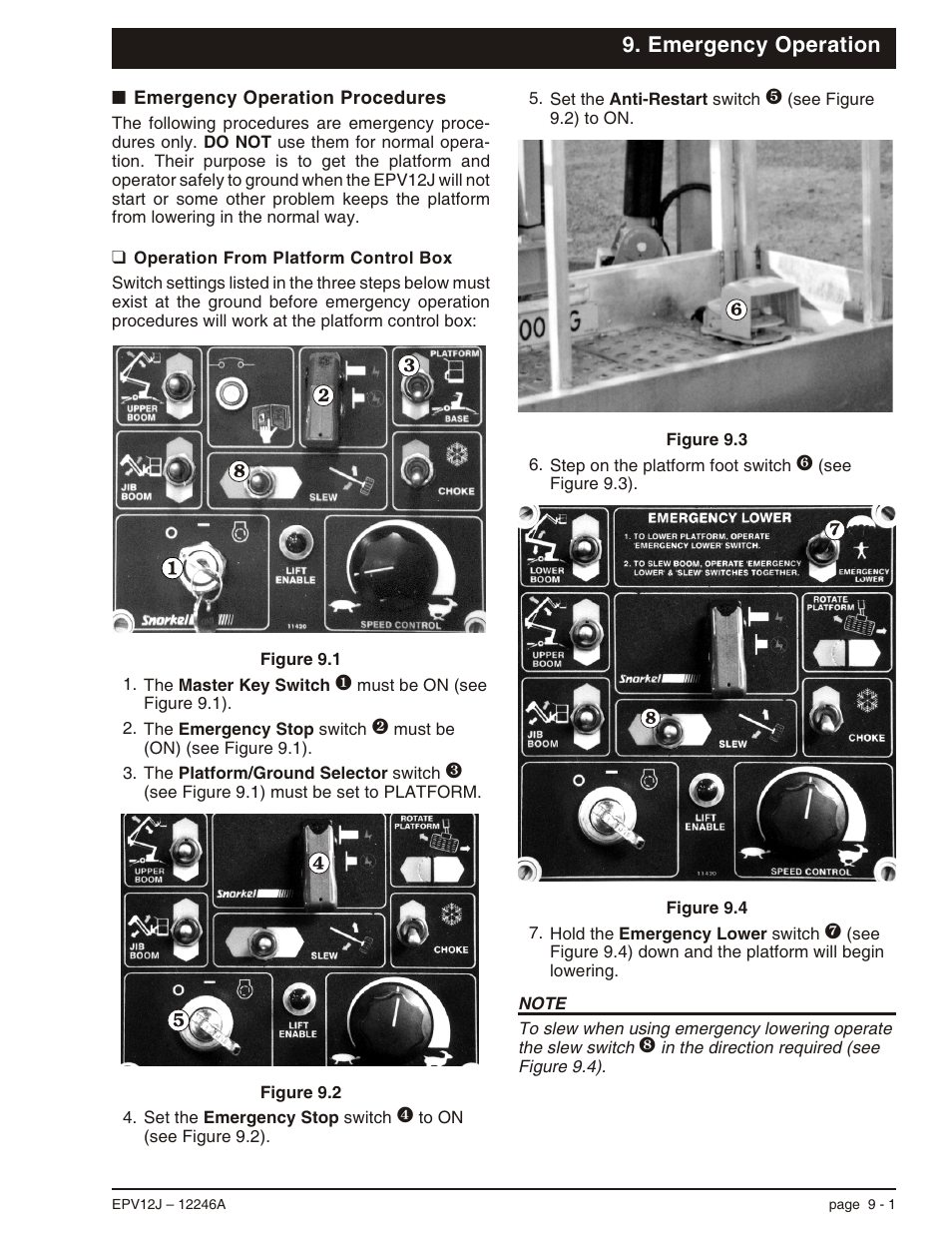 Emergency operation, Emergency operation procedures 9-1, Operation from platform control box 9-1 | Emergency operation, 9-1, Operation from platform control box, 9-1, Procedures, 9-1, Emergency operation procedures -1, Operation from platform control box -1 | Snorkel EPV12J User Manual | Page 51 / 65