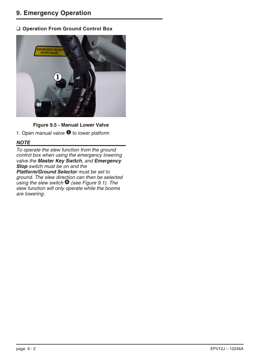 Operation from ground control box 9-2, Operation from ground control box, 9-2, Operation from ground control box -2 | Emergency operation | Snorkel EPV12J User Manual | Page 52 / 65