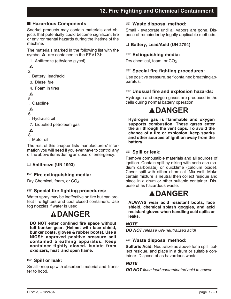 Fire fighting and chemical containment, Hazardous components 12-1, Battery, lead/acid (un 2794) 12-1 | Hazardous components, 12-1, Battery, lead/acid (un 2794), 12-1, Hazardous components -1, Battery, lead/acid (un 2794) -1, Danger | Snorkel EPV12J User Manual | Page 57 / 65