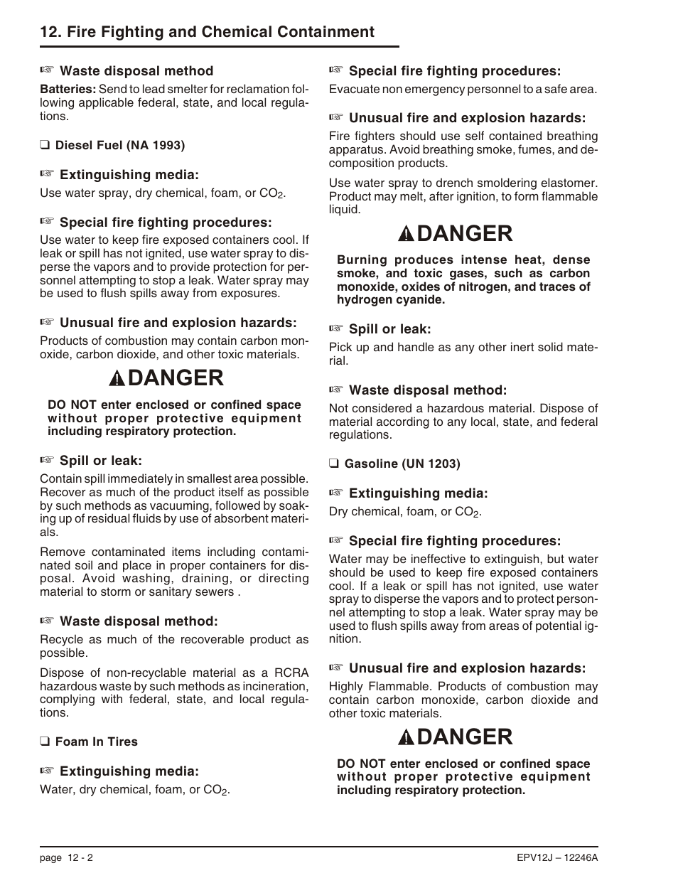 Gasoline (un 1203) 12-2, Gasoline (un 1203), 12-2, Gasoline (un 1203) -2 | Danger | Snorkel EPV12J User Manual | Page 58 / 65